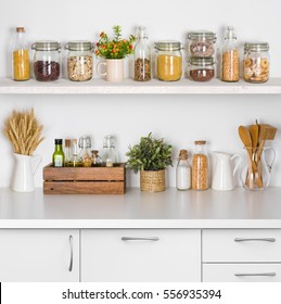Kitchen Bench Shelves With Various Food Ingredients On White Background