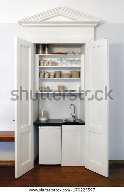 Kitchen Cabinet Fridge Water Tap Dishes Stock Photo Edit Now