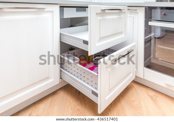 Kitchen Cabinet Opened Drawers Inner Drawer Stock Photo Edit Now