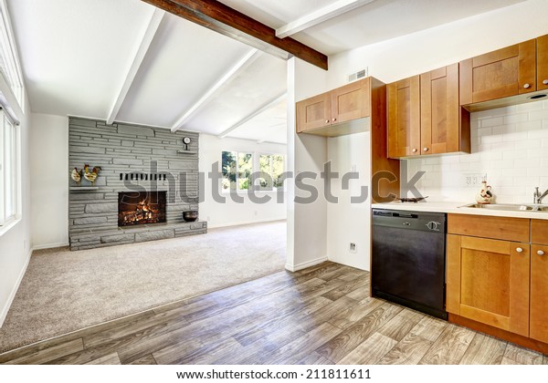 Kitchen Cabinets Black Appliances White Tile Stock Photo Edit Now
