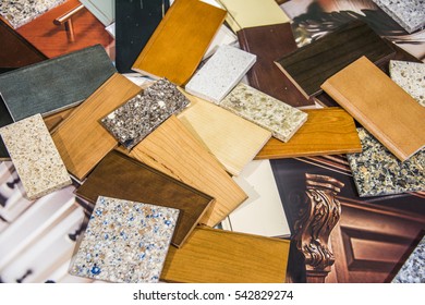 Kitchen Cabinets And Countertops, Wood Door And Stone Surface Color Samples