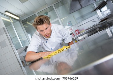 Kitchen Chef Cleaning The Restaurants Kitchen
