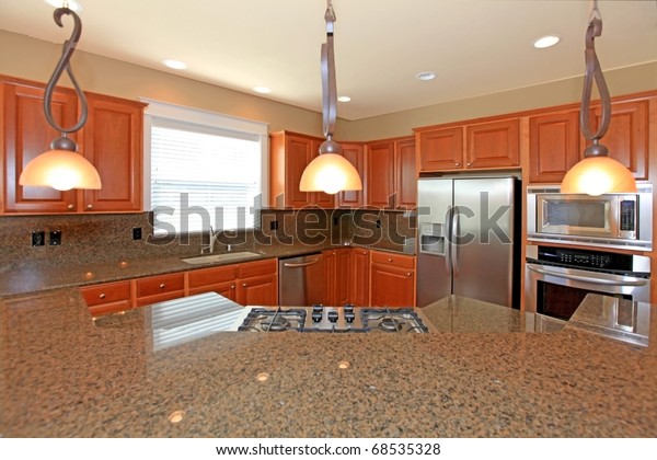 Kitchen Cherry Cabinets Grey Granite Stock Photo Edit Now 68535328