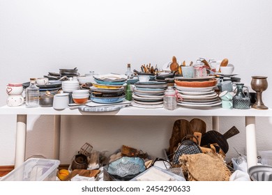 Kitchen clutter, utensils and kitchenware on a table. Concept of tidying and decluttering