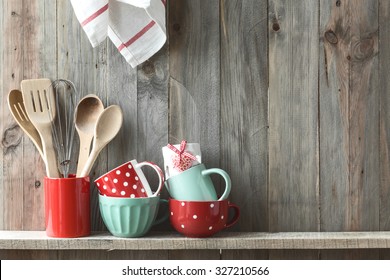 Kitchen Cooking Utensils In Ceramic Storage Pot On A Shelf On A Rustic Wooden Wall, Space For Text