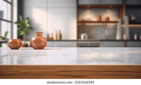 Kitchen counter top for product display with modern minimalist kitchen room interior in the background.