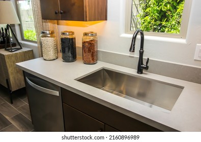 Kitchen Counter Top With Stainless Steel Sink And Bean Container