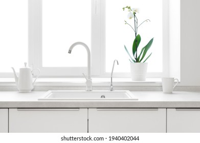 Kitchen Counter Window In Pastel Colors With Sink For Dishes