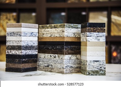 Kitchen countertops samples of granite, marble and quartz