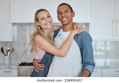 Kitchen, couple and hug portrait with love, care and smile at home ready for meal cooking. Interracial happy couple loving marriage, diversity and diet nutrition in a house hungry for food together - Shutterstock ID 2240055457
