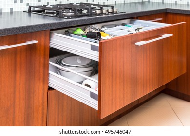 Kitchen cupboard with opened drawer and inner drawer inside