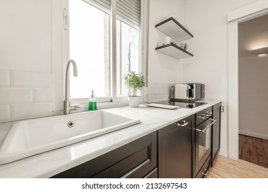 Kitchen With Dark Wood Furniture With White Marble Top, Porcelain Sink, Ceramic Hob, Aluminum Window, Ficus Benjamina And Countertop Microwave Oven