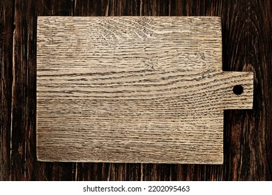 Kitchen Desk Cooking Mockup. Empty Vintage Wooden Cutting Board On Rustic Wooden Table Top View