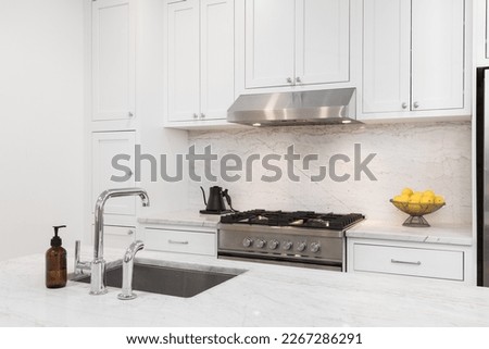 A kitchen detail with white cabinets, stainless steel stove and hood, marble countertops and backsplash, and a chrome sink.