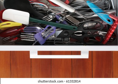 Kitchen Drawer Crammed Full Of Utensils