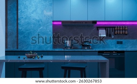 The kitchen elements are transformed by vibrant, colored lighting, primarily in cool blue and purple hues, creating a dramatic and futuristic mood.  3D render