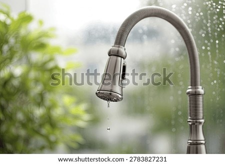 A kitchen faucet with a pull-down sprayer is shown with a single water droplet falling from its spout, with a blurred background of greenery and rain on a window.