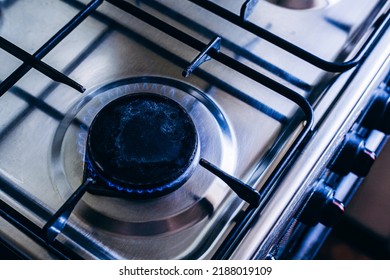 Kitchen Gas Hob, Stove Cook With Blue Flames Burning.