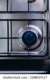 Kitchen Gas Hob, Stove Cook With Blue Flames Burning.