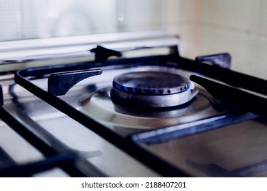 Kitchen Gas Hob, Stove Cook With Blue Flames Burning.