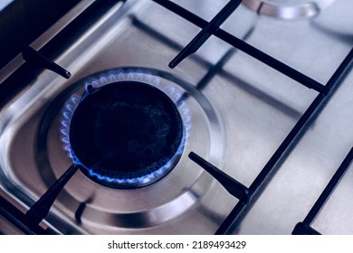 Kitchen Gas Hob, Stove Cook With Blue Flames Burning.