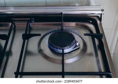 Kitchen Gas Hob, Stove Cook With Blue Flames Burning.