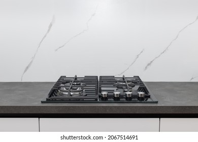 Kitchen Gas Stove On Gray Worktop And White Marble Backsplash. Kitchen Modern Interior. Cooking Classes Concept. Space For Product Display