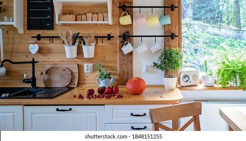 Kitchen Interior In Cottage In Rustic Style With Wooden Furniture And Counter With Plant. Window In Cozy House. Banner