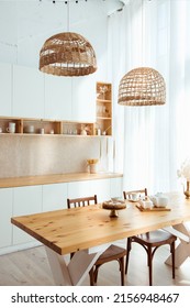 Kitchen Interior In Eco Style And Furniture Made Of Natural Wood. Open Storage On Shelves, Natural Materials In Interior Design