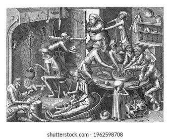 Kitchen Interior With Skinny People Eating Mussels At A Table. A Man Stirs A Cauldron On The Fire And In Front A Woman Gives A Child To Drink From A Drinking Horn.