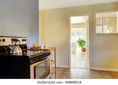 Kitchen Interior With White Cabinets, Tile Floor And Bright Navy Walls