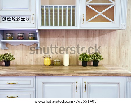 Kitchen Interior White Furniture Wood Trim Stock Photo Edit Now