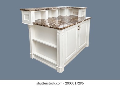 Kitchen Island With Doors And Granite Countertops In Country Style Design Isolated On Gray Background