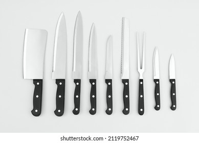 Kitchen knife set. Meat cutting hatchet, cleaver and butcher, axe and peeling knife of stainless steel with black handle, bread and barbecue knives.