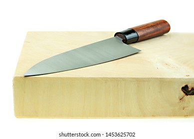 Kitchen Knife And Wood Butcher Block Countertop On White Background