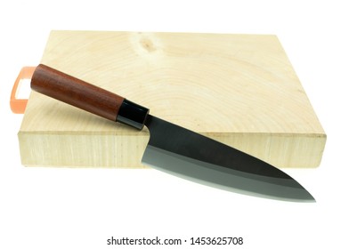 Kitchen Knife And Wood Butcher Block Countertop On White Background