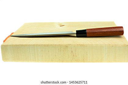 Kitchen Knife And Wood Butcher Block Countertop On White Background