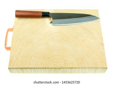 Kitchen Knife And Wood Butcher Block Countertop On White Background