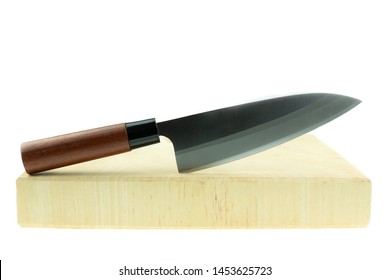 Kitchen Knife And Wood Butcher Block Countertop On White Background