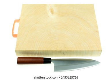 Kitchen Knife And Wood Butcher Block Countertop On White Background