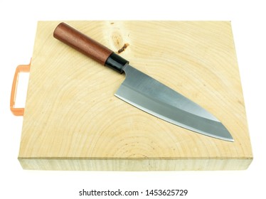 Kitchen Knife And Wood Butcher Block Countertop On White Background