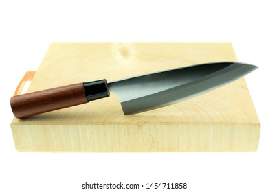 Kitchen Knife And Wood Butcher Block Countertop On White Background