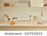 Kitchen layout photography with a wooden kitchen island, kitchen counter and some other convenient kitchen interior in morning. Photo for product displaying or design key visual layout