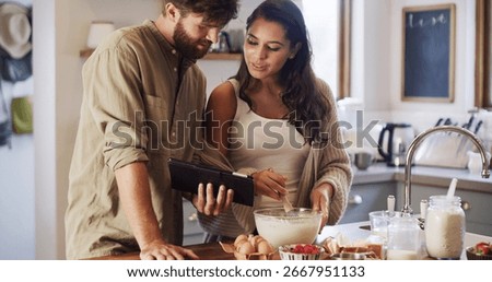 Kitchen, learning or couple on tablet for baking recipe method, lunch or guide in home together. Online tutorial, cooking or people on touchscreen with ingredients instruction, food or meal steps