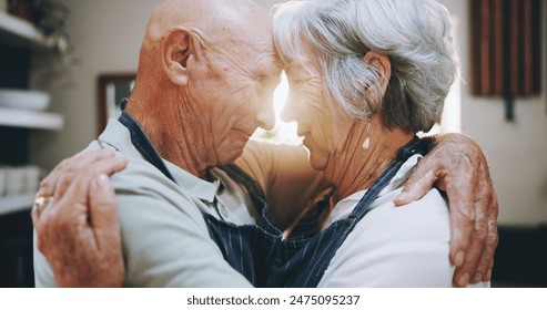 Kitchen, love and senior couple in home for embrace, bonding relationship and commitment together. Marriage, happy and elderly man and woman cooking together for wellness, meal prep and health - Powered by Shutterstock