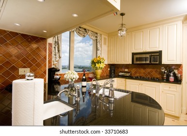 Kitchen In Luxury Penthouse  Suite With Skyline Views Of New York City And The East River