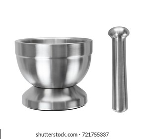 Kitchen Metal Mortar With A Pestle On A White Background