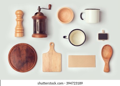 Kitchen Mock Up Template With Retro Vintage Objects. View From Above. Flat Lay