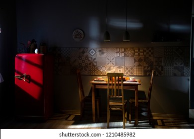 kitchen with old decking and red refrigerator. Retro ambient kitchen.