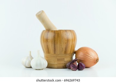 Kitchen Onion Chopper On White Background. Bamboo Garlic Pounder Press.